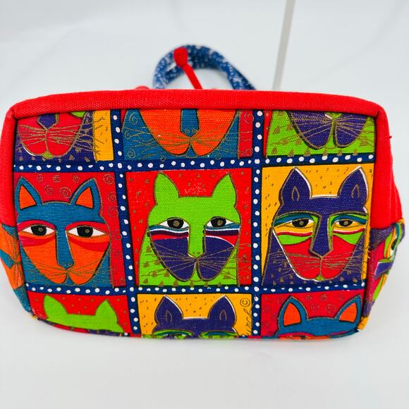 Laurel Burch Canvas Drawstring Tote Bag Purse Red Blue Cats Beaded Vintage - Picture 6 of 9